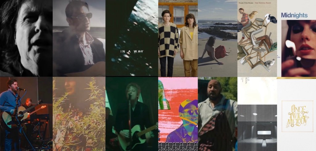 Images of album artwork and music video screenshots representing author Brian Kelley’s favorite songs of 2022.